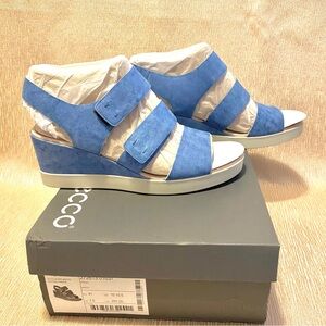 New Ecco Leather Sandal Shoes Womens Eu 41 US 10 - 10.5 Blue Plateau Wedge
